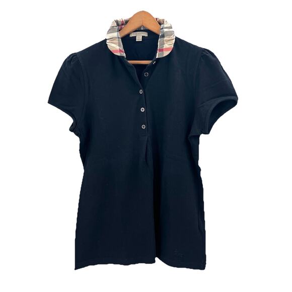 Burberry Brit Black & Nova Check Collar Short Sleeve Top Womens Size XL - Picture 1 of 6